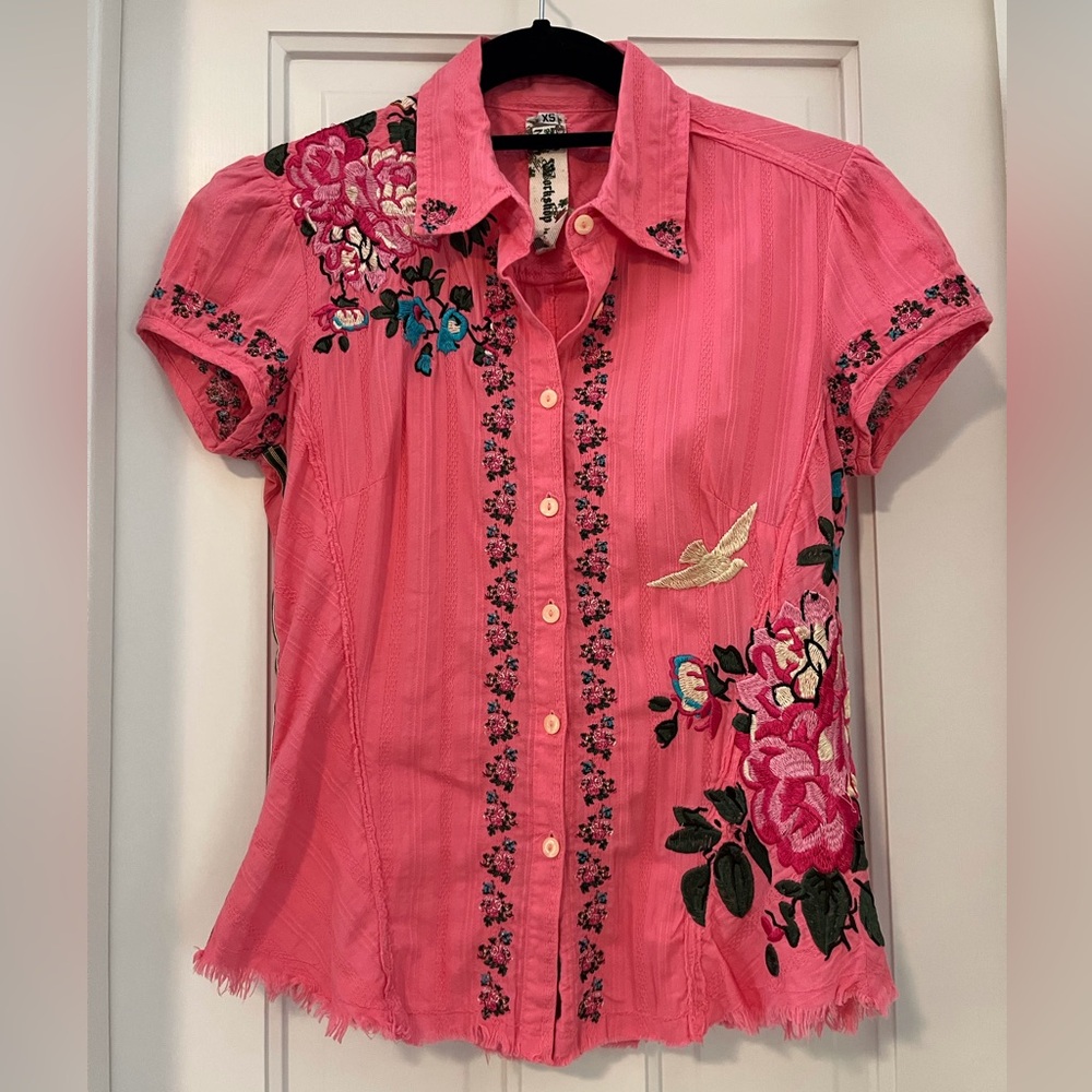 Johnny Was Pink Floral Embroidered Button Down Shirt